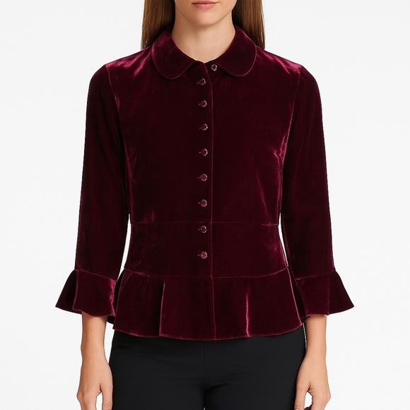 Ralph Lauren Tops - Lauren Ralph Lauren Burgundy Silk Velvet Blouse Sz 10 Button Front Holiday Party
